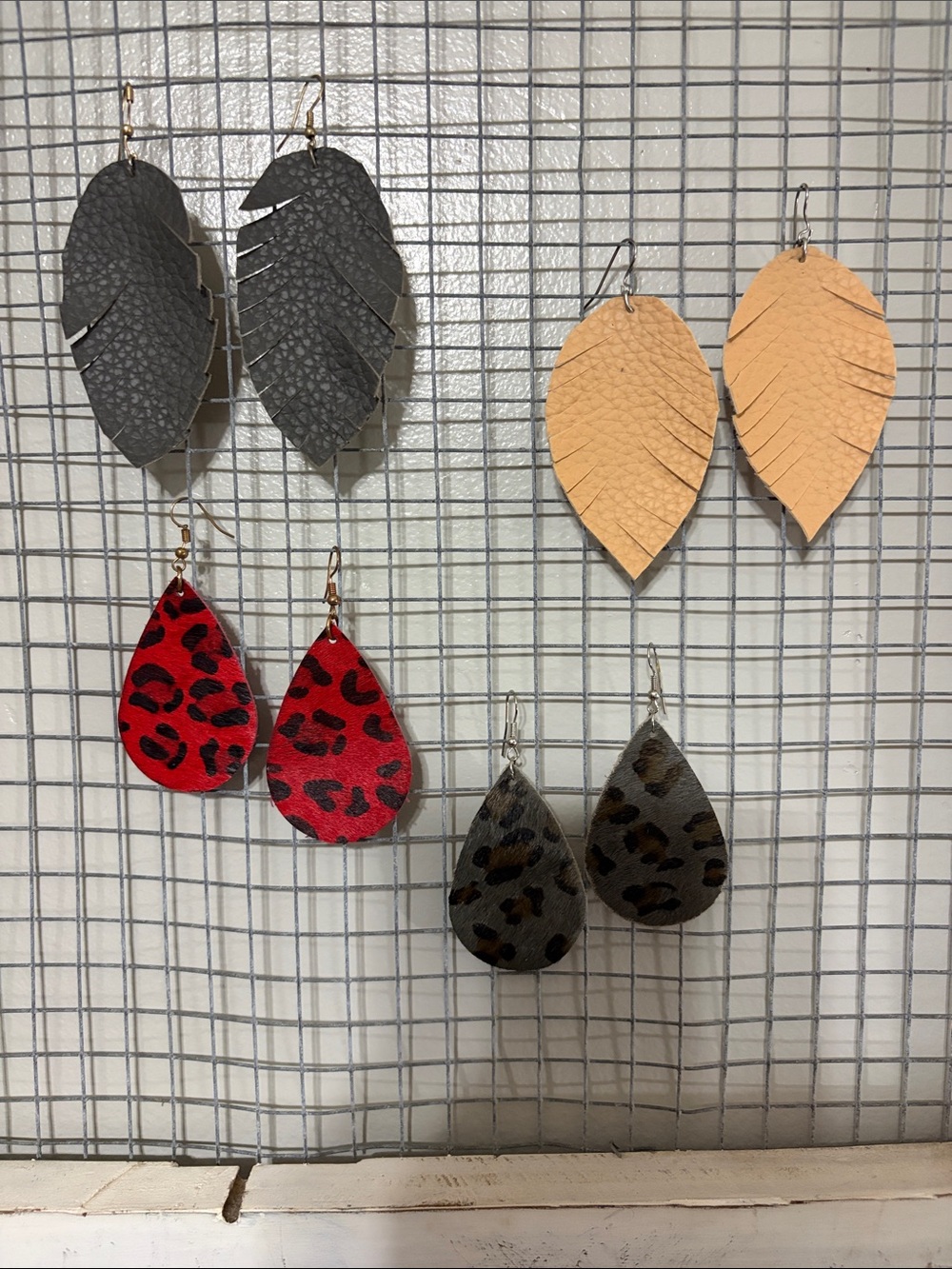4 Pair- Handcrafted Leather Leaf & Teardrop Earrings - Black, Tan, Red, Gray